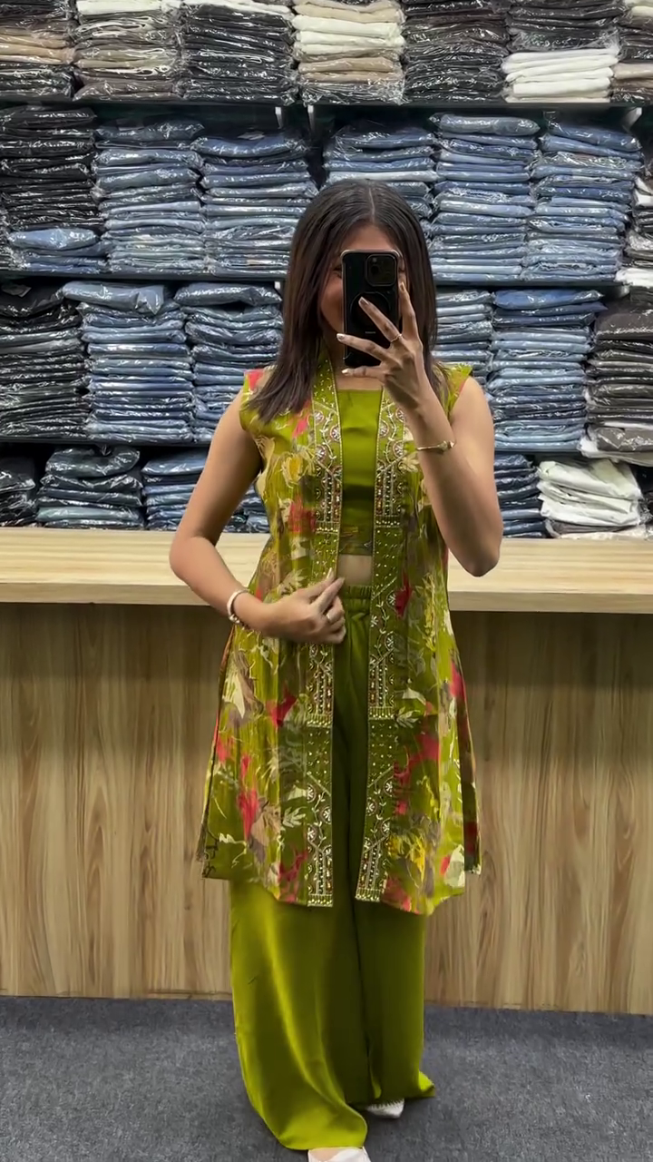 Hot Pink Printed Indo-Fusion  Co-Ord Set with  Jacket Layer 💗🌺🌿