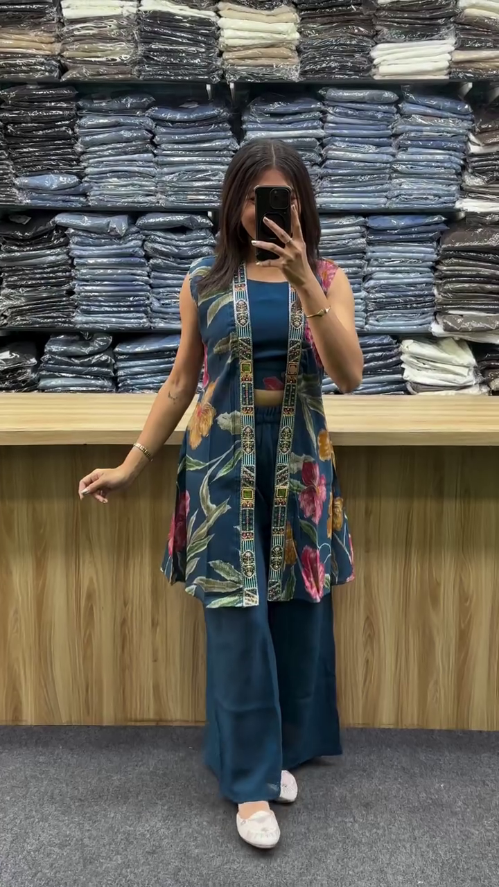 Hot Pink Printed Indo-Fusion  Co-Ord Set with  Jacket Layer 💗🌺🌿