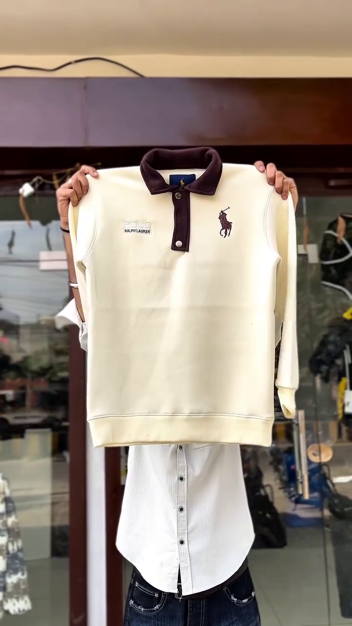 ✨Elegant Cream Premium Men’s Winter Sweatshirt With Stylish Contrast Collar & Full Sleeves✨