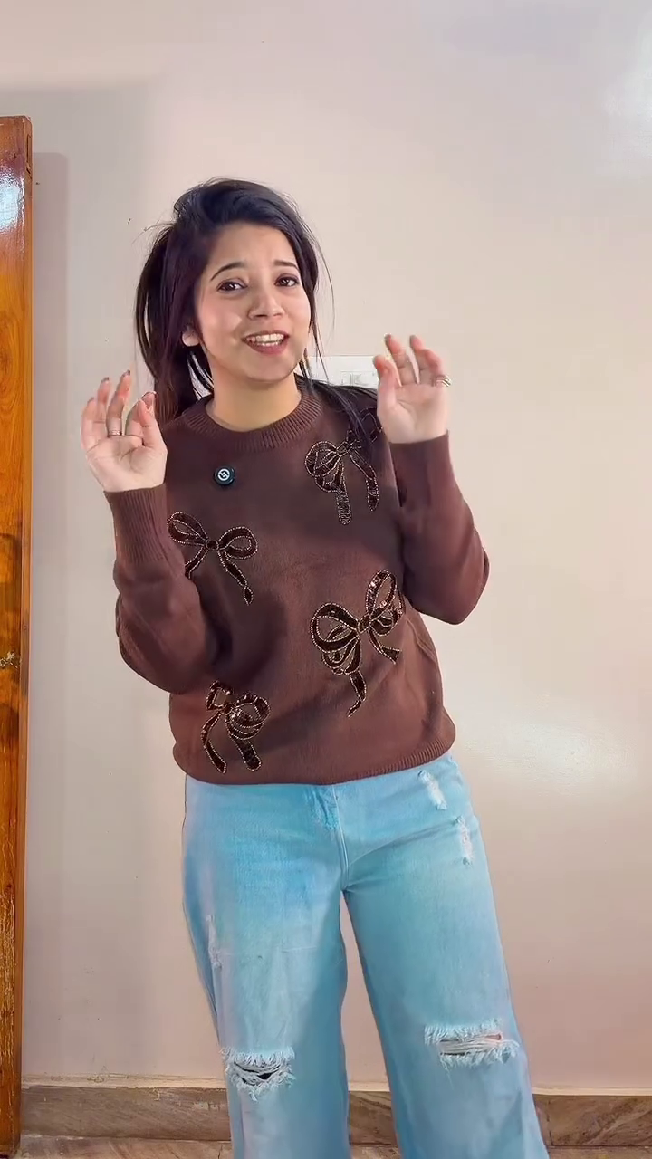 ❄️✨ Premium Cozy Winter Women’s Soft Knitted Brown Sweater with Stylish Shimmer Bow Embroidery Design, Warm Comfortable Fabric, Trendy Casual Fashion Wear for Everyday Winter Styling ✨❄️