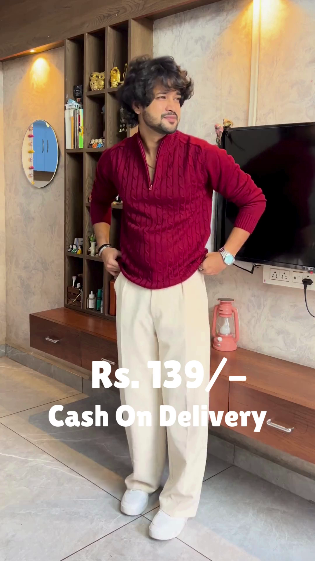 Crimson Ease: Sweater Serenity with Cream-Toned Grace” ❤️🕊️👖