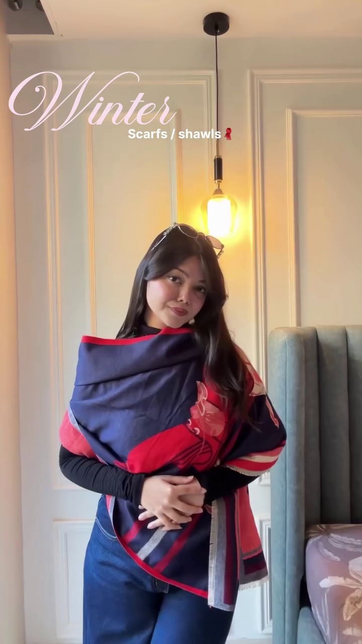 “Crimson Bloom: Winter Shawl of Whispered Petals & Cozy Grace” 🌺🧣❄️