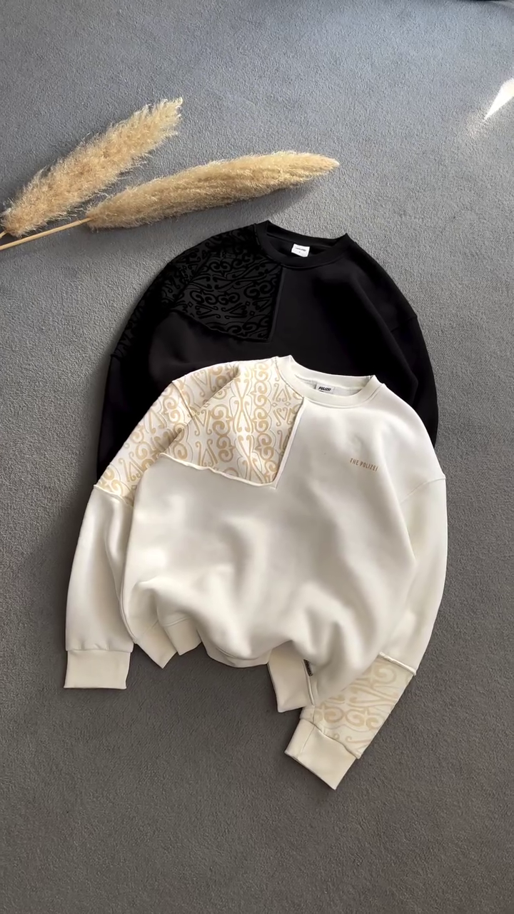 “Ivory Echo: Ornamental Sweatshirt with Pampas Whispers & Mirror Mood” 🤍🌾🧶