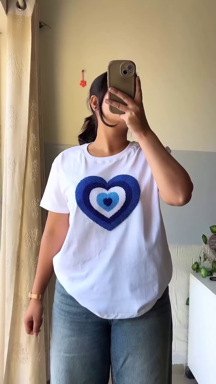 “Heartwave: Layered Love Tee with Denim Ease & Mirror Glow” 💙🤍👖