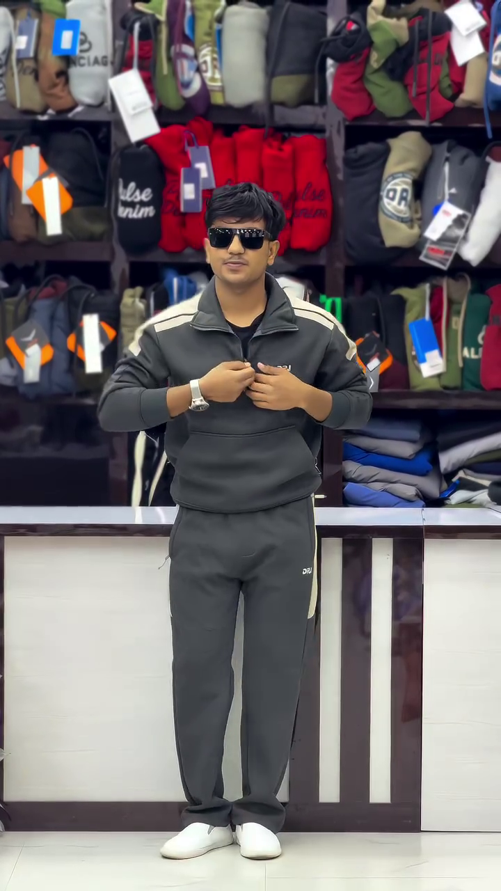 “Charcoal Stride: Tracksuit Flow with Sunglass Swagger & Stripe Rhythm” 🖤👟🌪️