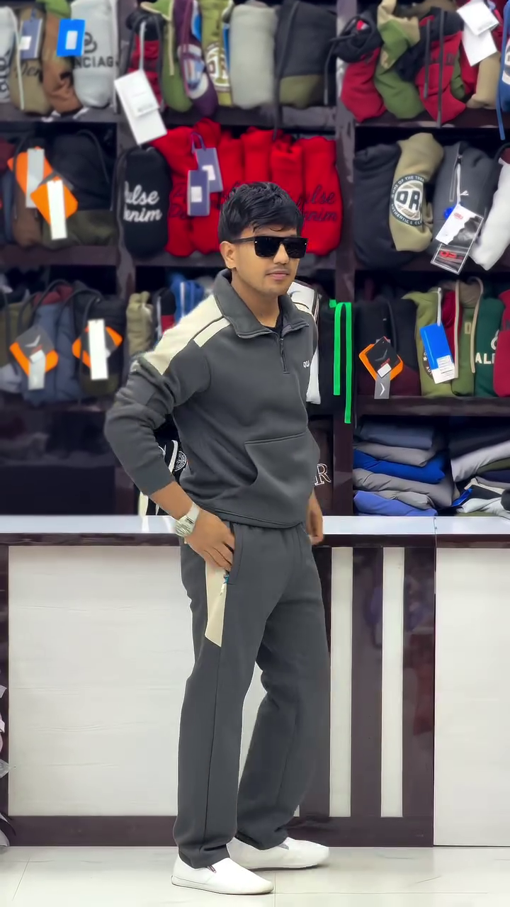 “Charcoal Stride: Tracksuit Flow with Sunglass Swagger & Stripe Rhythm” 🖤👟🌪️