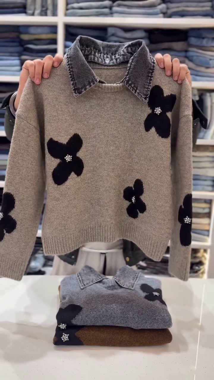 Bloom Collar: Floral Knit with Denim Edge & Embellished Grace” 🌸🧶👕