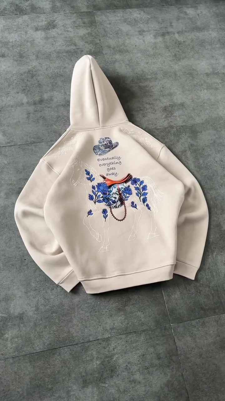 “Equinox Elegy: Hoodie of Horses, Blossoms & Fleeting Beauty 🌸🐴✨”