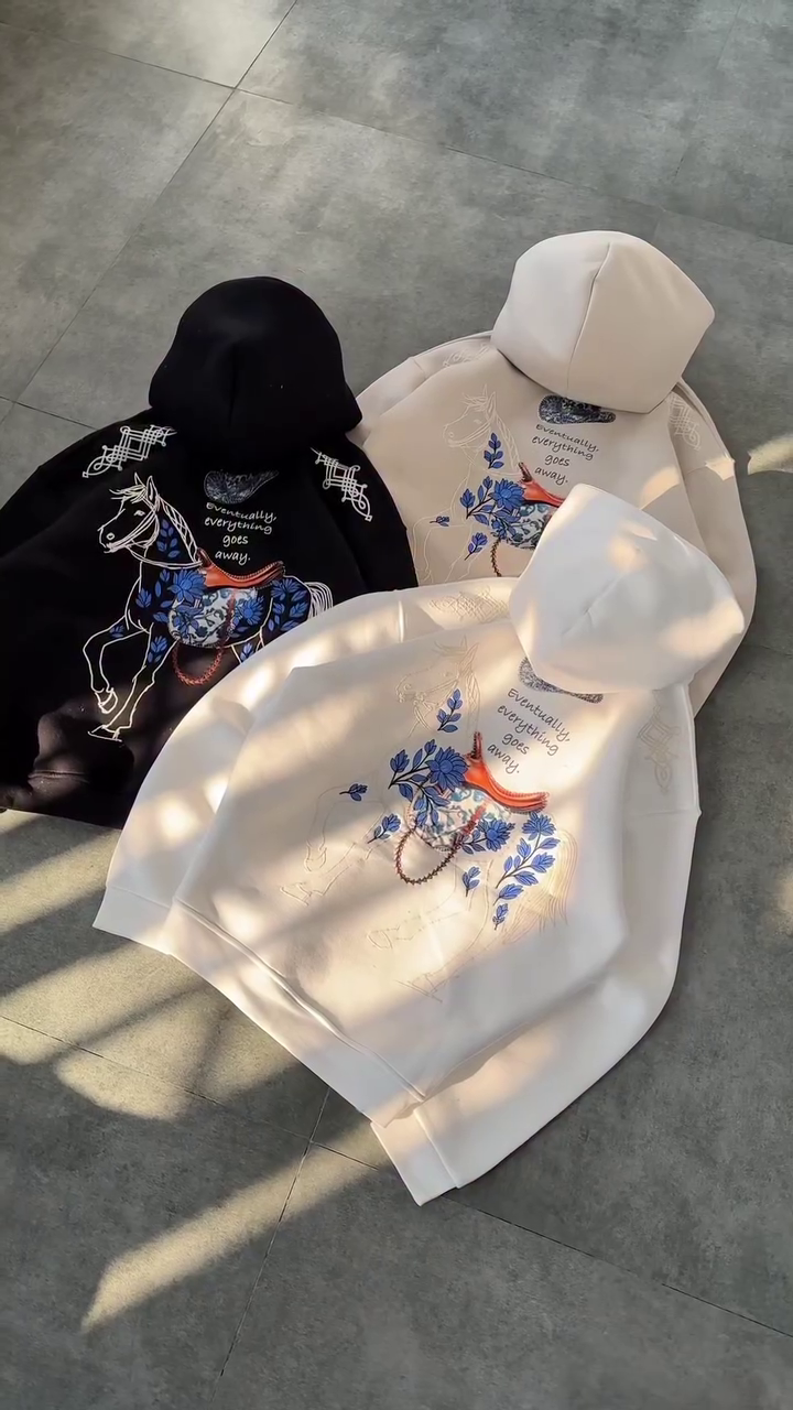 “Equinox Elegy: Hoodie of Horses, Blossoms & Fleeting Beauty 🌸🐴✨”