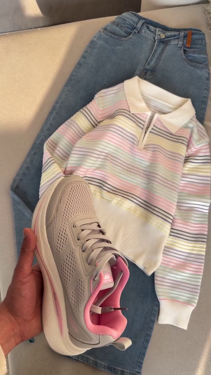 Women’s Pastel Multi-Stripe Knit Pullover Top with Classic Collar, Half-Zip Detail & Soft Everyday Comfort Fit