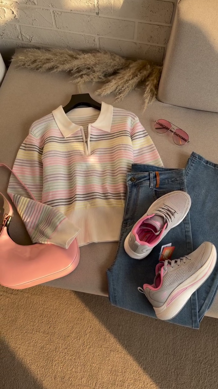 Women’s Pastel Multi-Stripe Knit Pullover Top with Classic Collar, Half-Zip Detail & Soft Everyday Comfort Fit