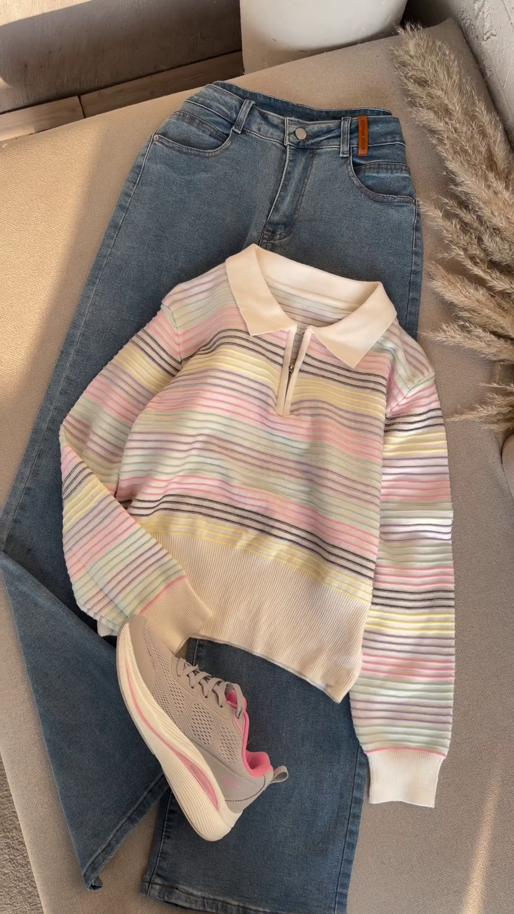 Women’s Pastel Multi-Stripe Knit Pullover Top with Classic Collar, Half-Zip Detail & Soft Everyday Comfort Fit