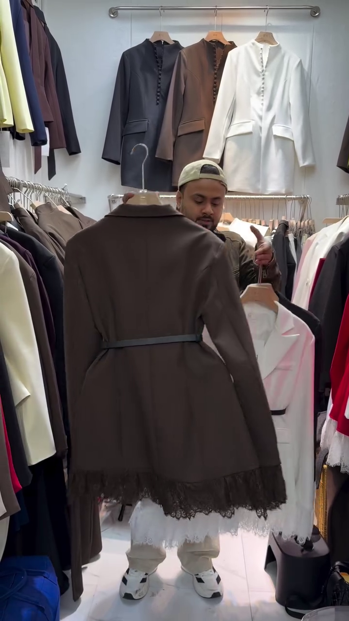 “Lace Ledger: Brown Blazer of Structure, Story & Feminine Edge 🧥🖋️🌸”