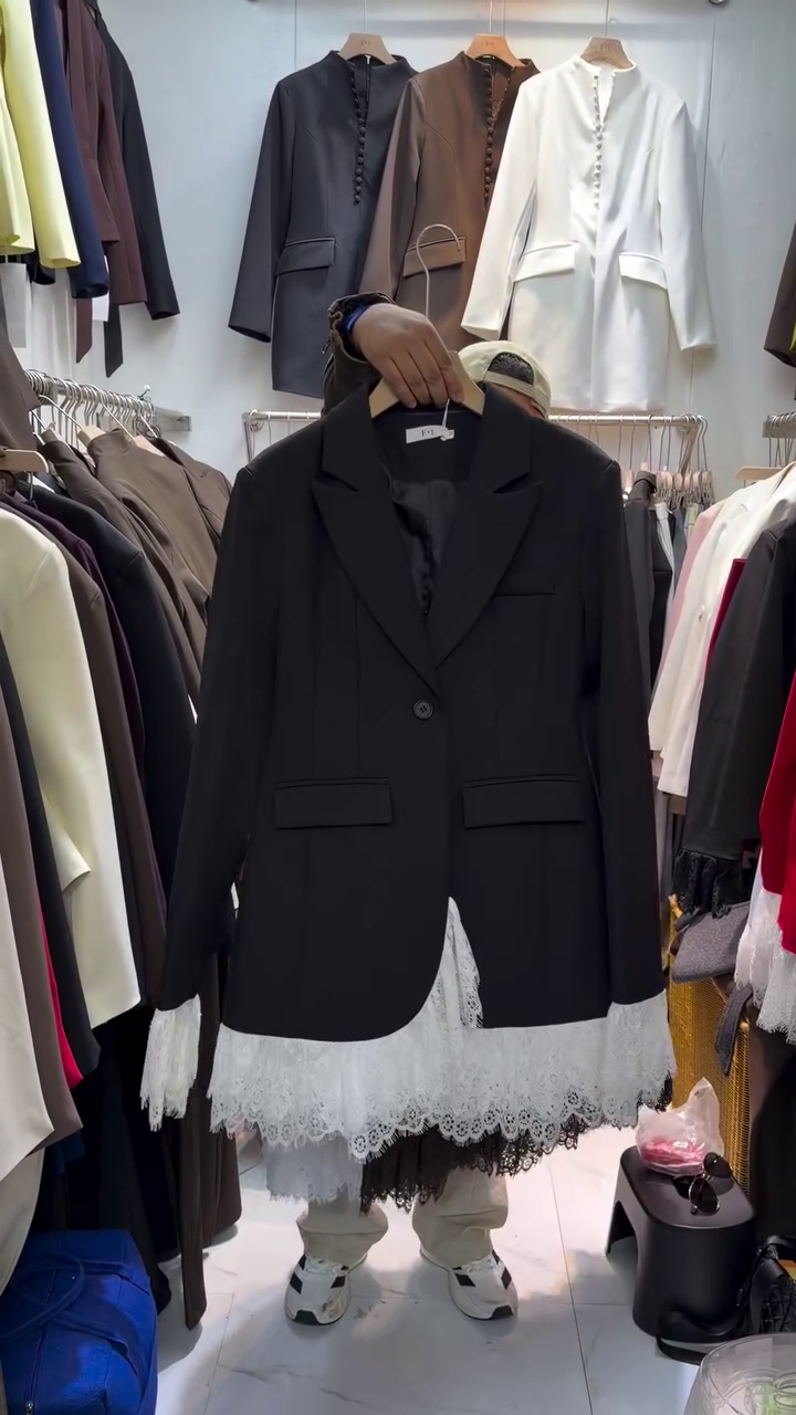 “Lace Ledger: Brown Blazer of Structure, Story & Feminine Edge 🧥🖋️🌸”