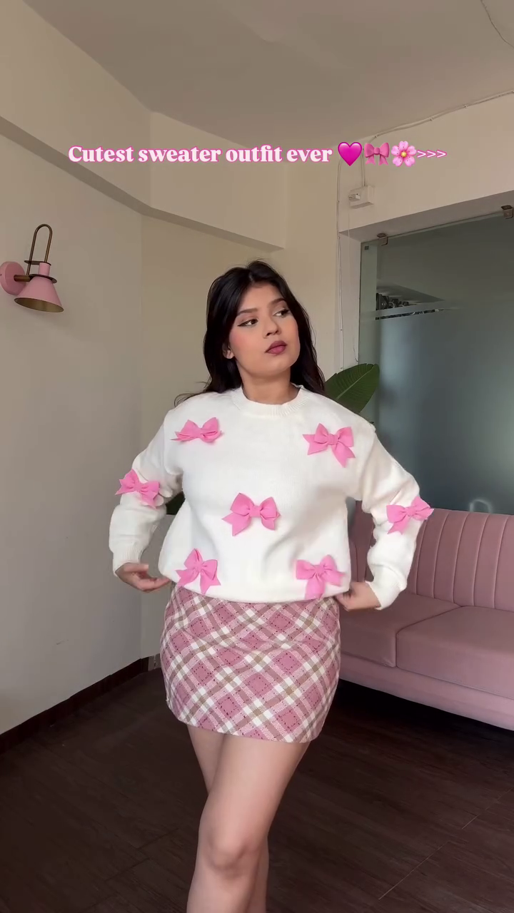 “Bowtique Bloom: Sweater & Skirt Set of Sweet Rebellion & Pink Whimsy 🌸🎀💗”