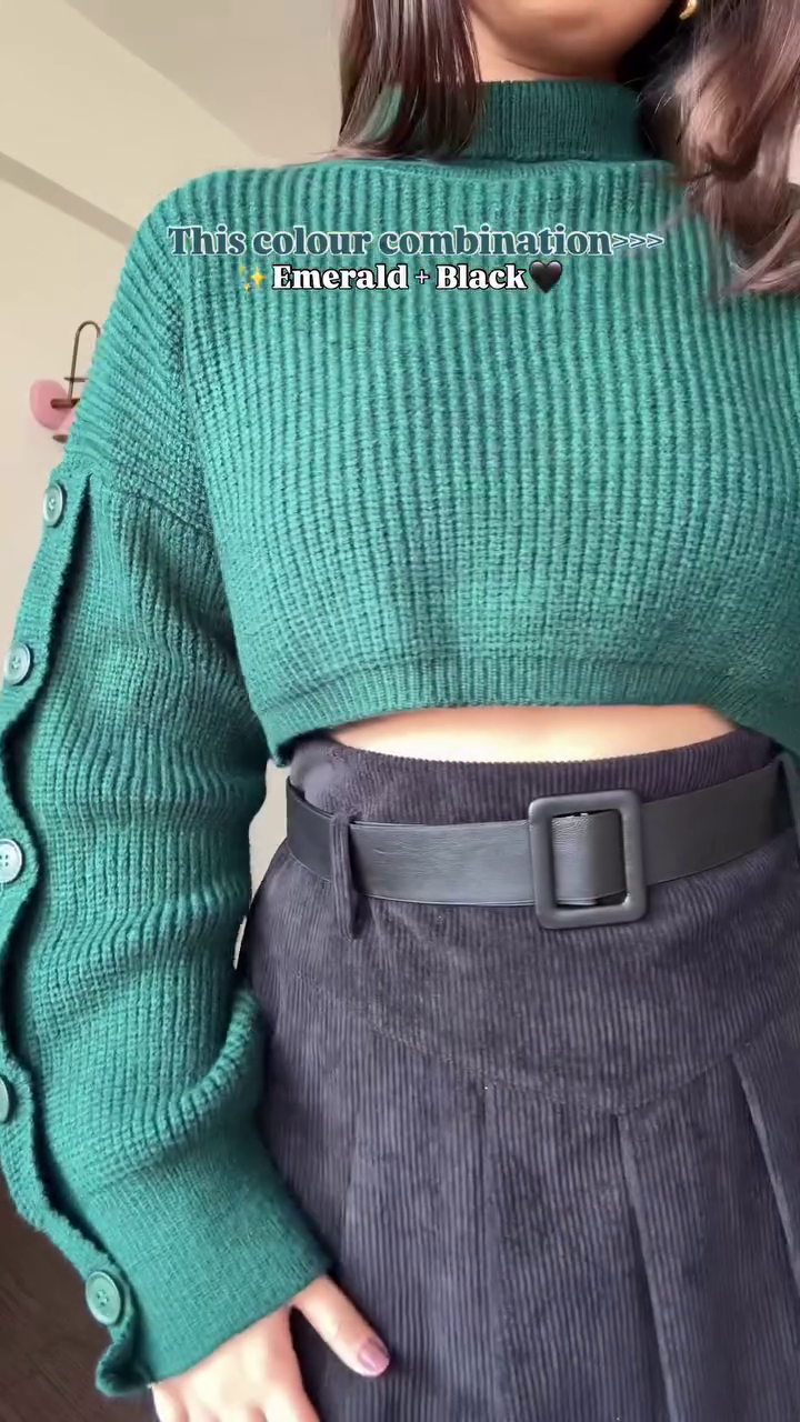 Women’s Emerald Green Ribbed Knit Crop Top with Statement Button Sleeves Paired with High-Waist Black Flared Skirt for Elegant Everyday Styling