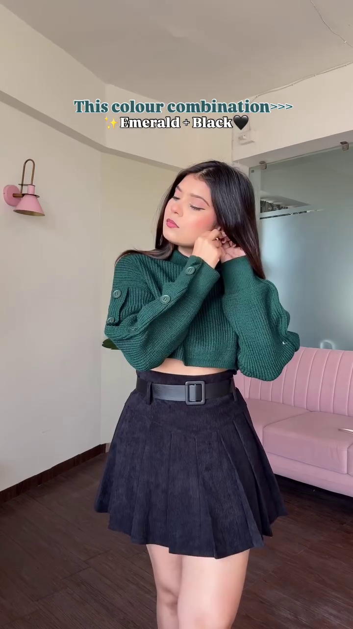 Women’s Emerald Green Ribbed Knit Crop Top with Statement Button Sleeves Paired with High-Waist Black Flared Skirt for Elegant Everyday Styling