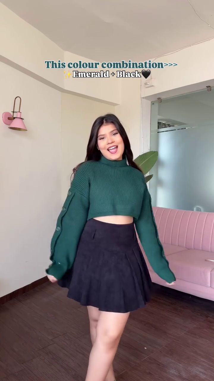 Women’s Emerald Green Ribbed Knit Crop Top with Statement Button Sleeves Paired with High-Waist Black Flared Skirt for Elegant Everyday Styling