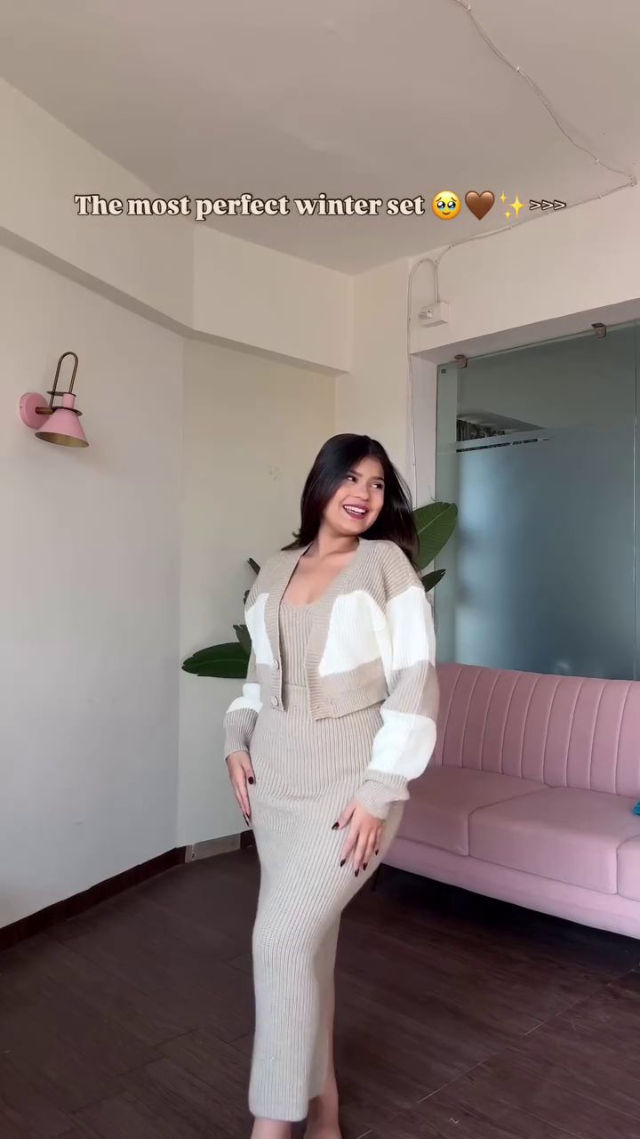 “Warm Syntax: Ribbed Knit Dress & Cropped Cardigan of Neutral Harmony & Winter Ease 🤎🧶✨”
