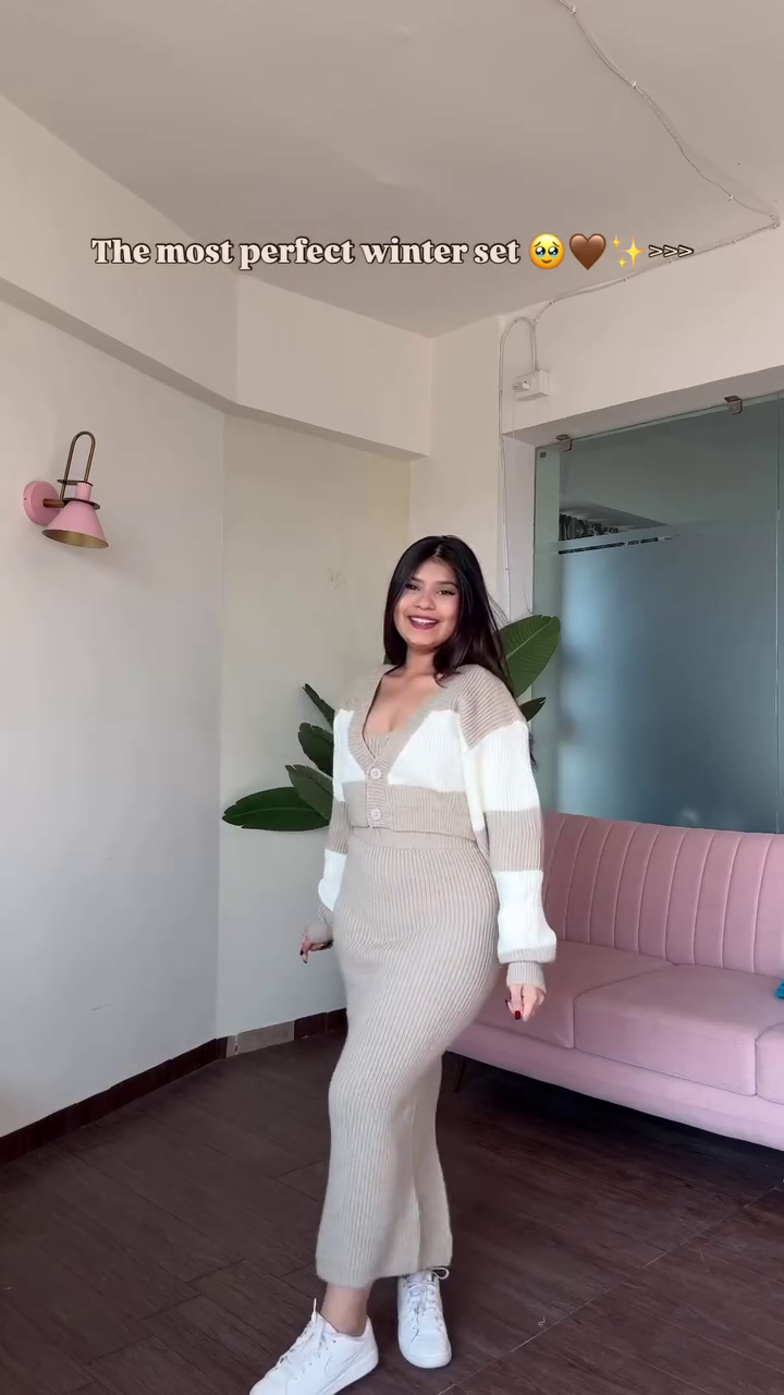 “Warm Syntax: Ribbed Knit Dress & Cropped Cardigan of Neutral Harmony & Winter Ease 🤎🧶✨”