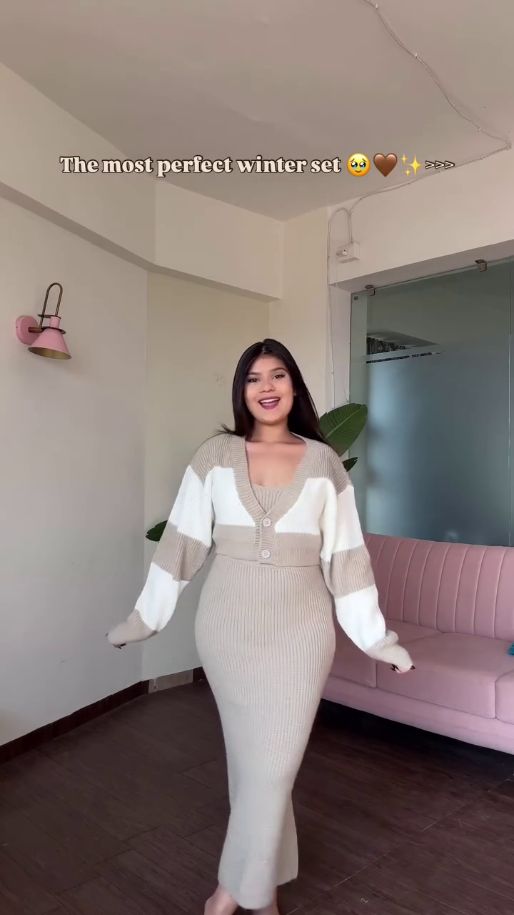 “Warm Syntax: Ribbed Knit Dress & Cropped Cardigan of Neutral Harmony & Winter Ease 🤎🧶✨”