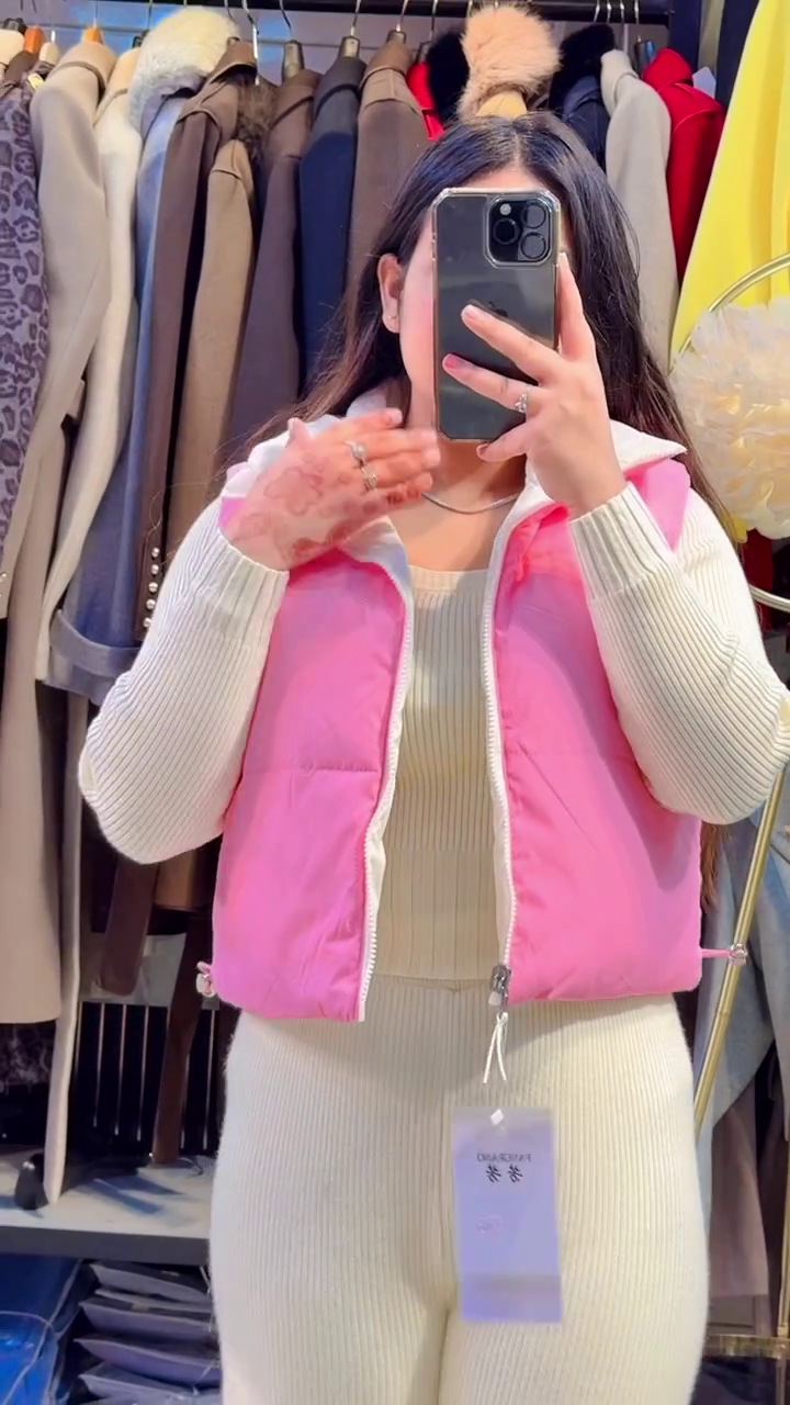 “Bubble Syntax: Pink Puffer Vest & Knit Coordinates of Cozy Contrast & Mirror Mood 💗🧥✨”