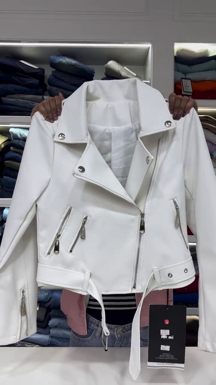 “Ivory Voltage: Faux Leather Biker Jacket of Fierce Elegance & Silver Sparks 🤍🧥⚡”