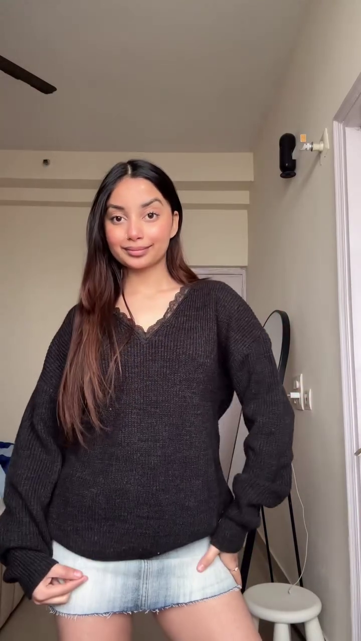 “Knot Theory: Bow-Tie Knit Sweater & Denim Skirt of Cozy Rebellion & Bedroom Chic 🖤👗🧵”