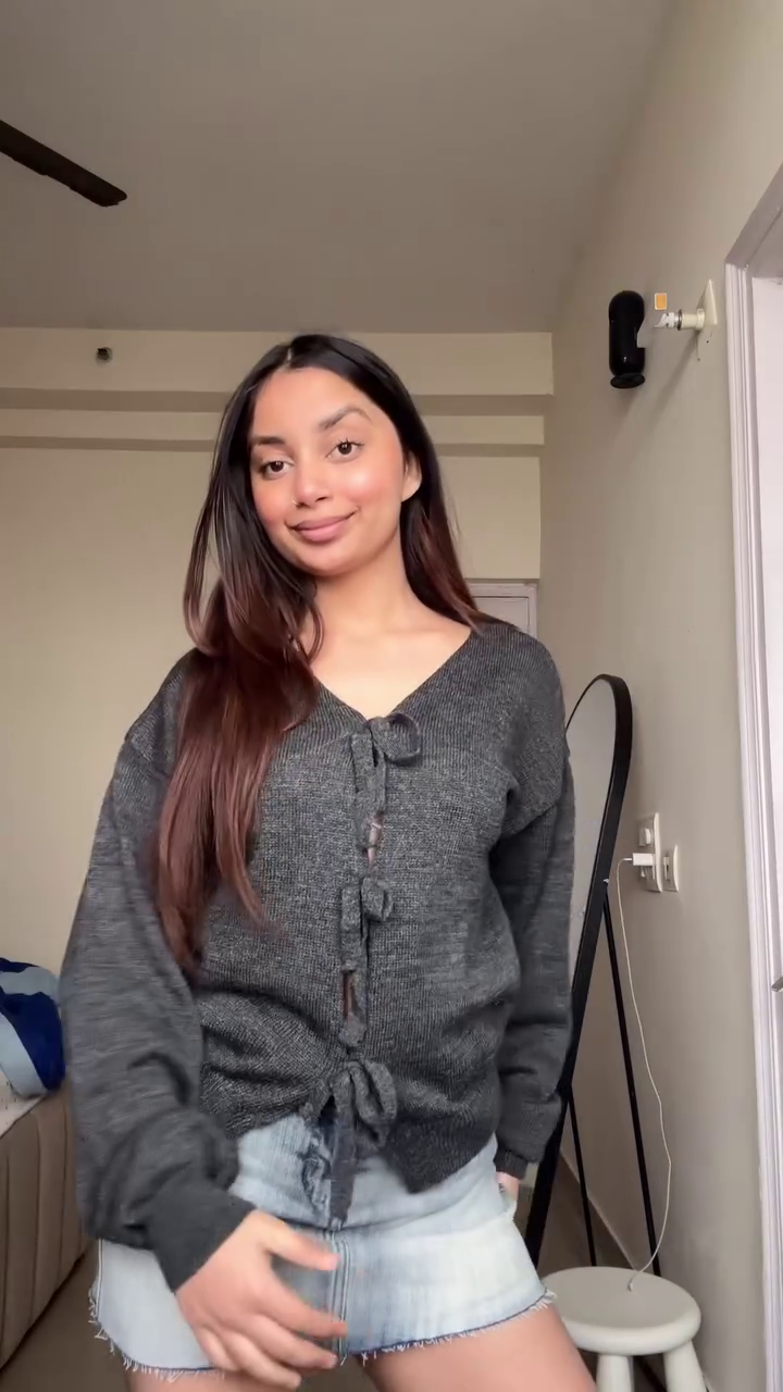 “Knot Theory: Bow-Tie Knit Sweater & Denim Skirt of Cozy Rebellion & Bedroom Chic 🖤👗🧵”