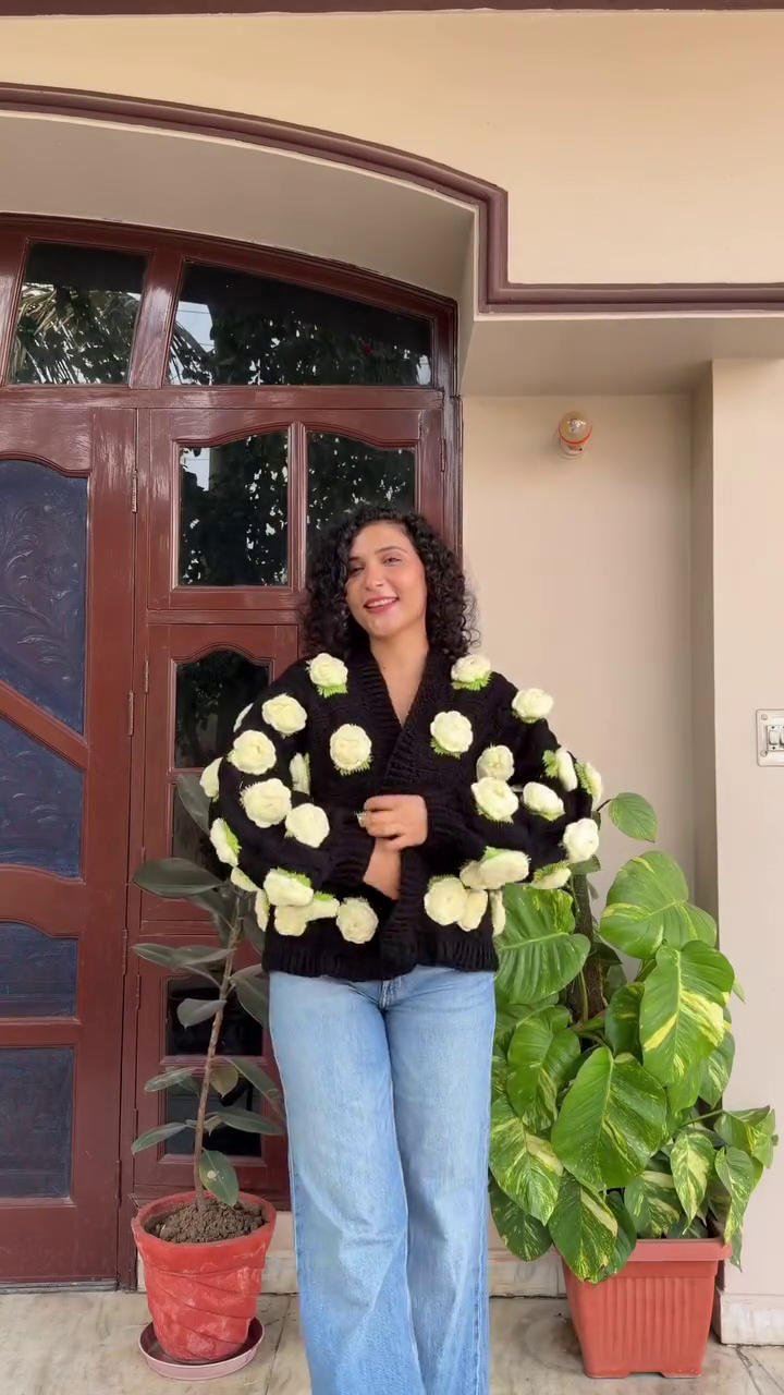 “Garden Glitch: Crocheted Cardigan of Wild Blooms & Handmade Joy 🌿💚🌸”