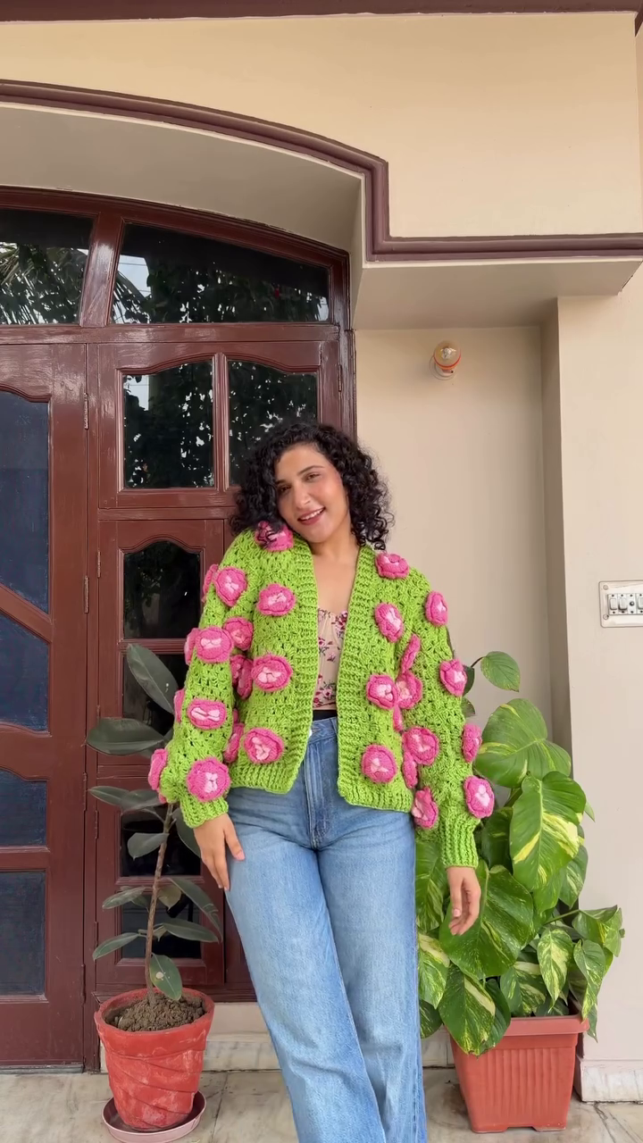 “Garden Glitch: Crocheted Cardigan of Wild Blooms & Handmade Joy 🌿💚🌸”