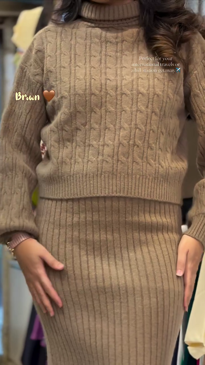 “Cocoa Current: Cable-Knit Sweater & Ribbed Skirt Set of Jetset Ease & Hilltop Grace ✈️🌄🤎”