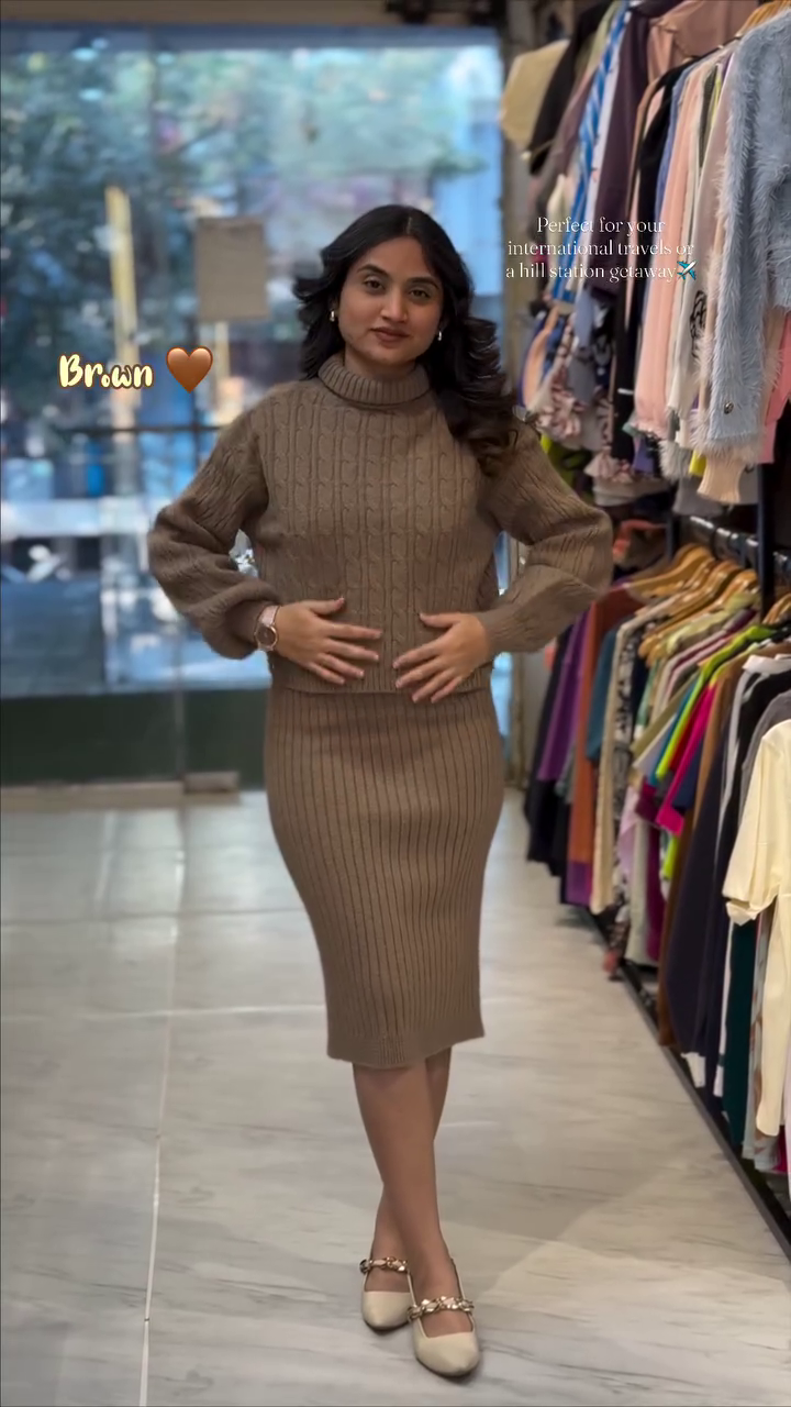“Cocoa Current: Cable-Knit Sweater & Ribbed Skirt Set of Jetset Ease & Hilltop Grace ✈️🌄🤎”
