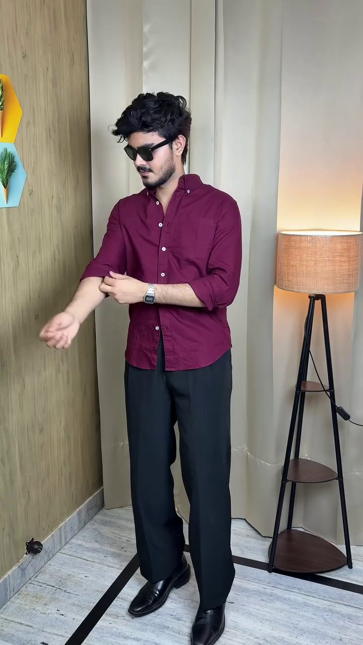 Maroon Rolled-Sleeve Button-Up Shirt 🍷 with Black Formal Trousers 🖤 and Sunglasses 🕶️