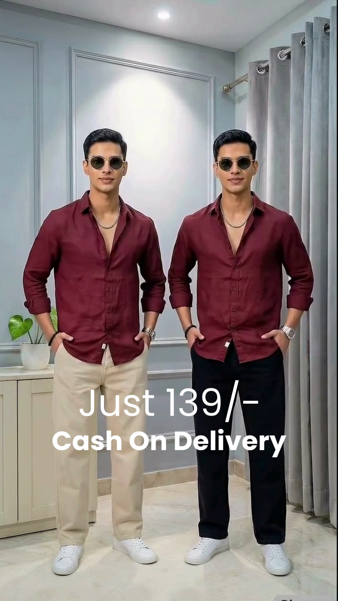 White Button-Up Shirt 🤍 with Coordinated Twin Styling 👯 (Beige Pants 🤎 & Black Pants 🖤)