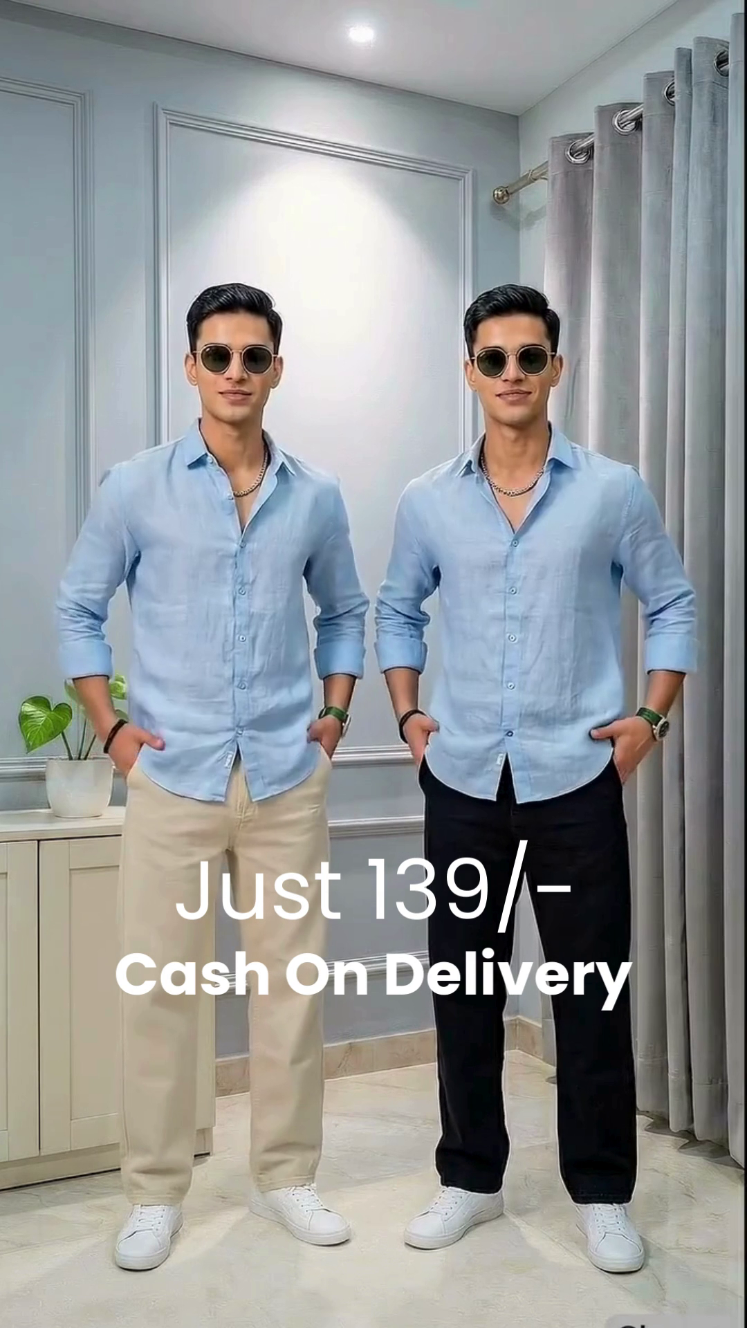 White Button-Up Shirt 🤍 with Coordinated Twin Styling 👯 (Beige Pants 🤎 & Black Pants 🖤)