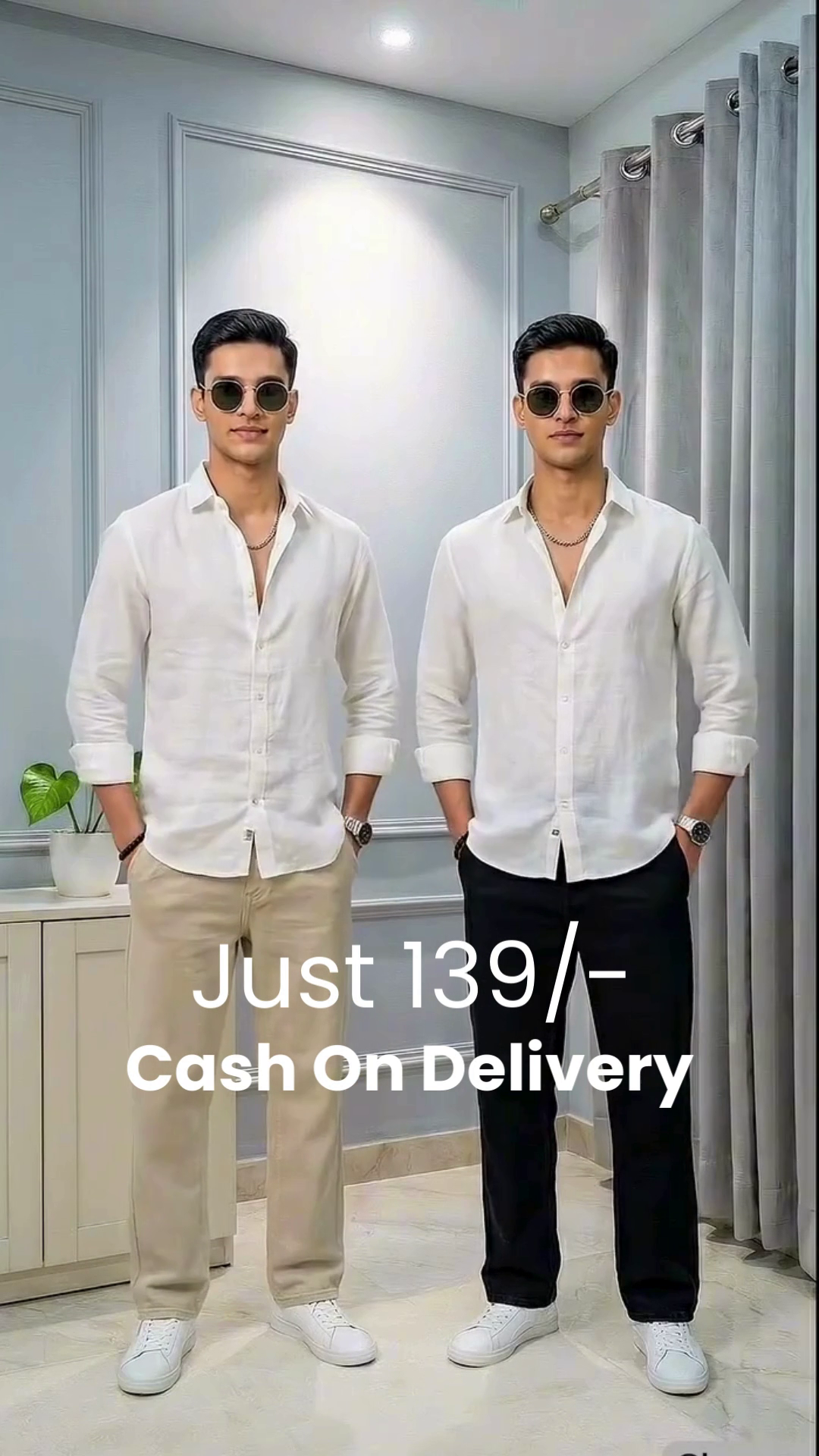 White Button-Up Shirt 🤍 with Coordinated Twin Styling 👯 (Beige Pants 🤎 & Black Pants 🖤)