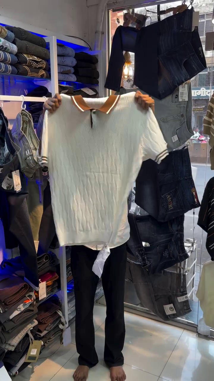 Striped Light Blue & White Collared Zip Shirt 💙🤍 with Modern Streetwear Appeal 👖