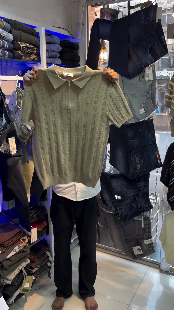 Striped Light Blue & White Collared Zip Shirt 💙🤍 with Modern Streetwear Appeal 👖