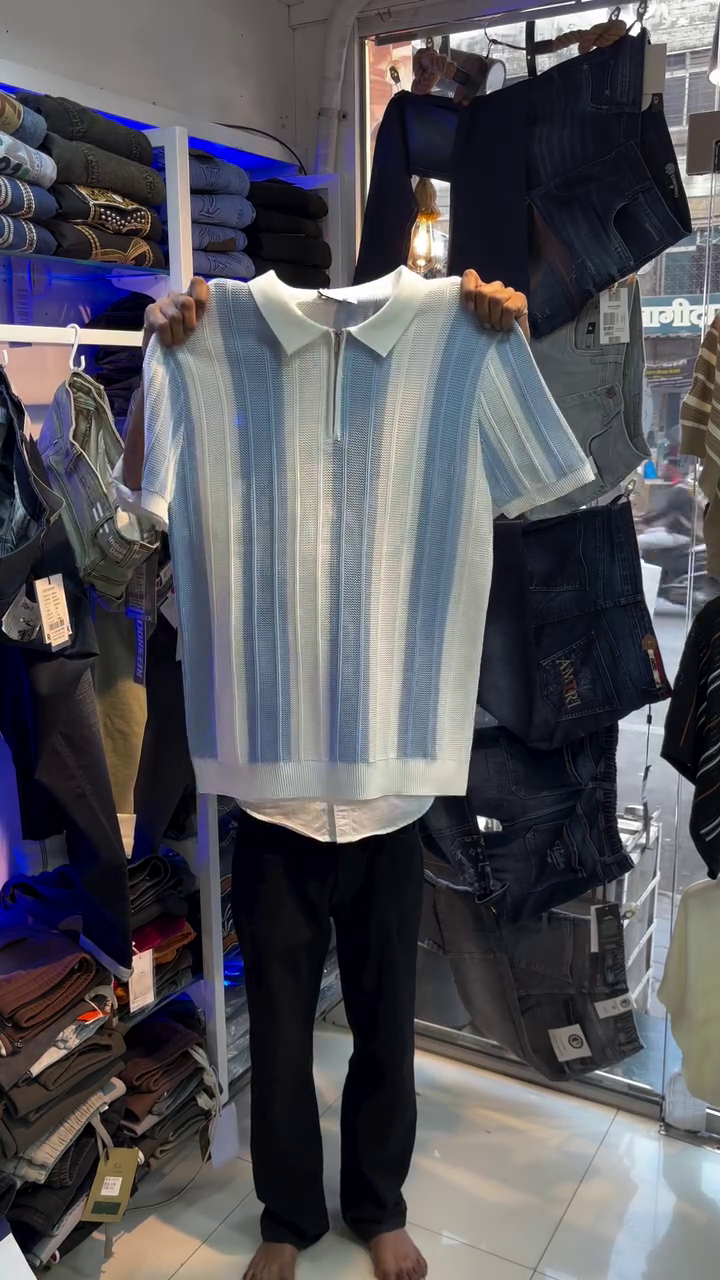 Striped Light Blue & White Collared Zip Shirt 💙🤍 with Modern Streetwear Appeal 👖