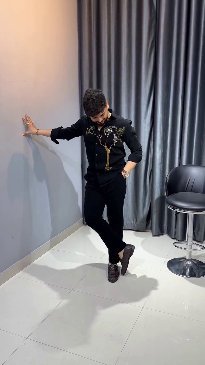 Black Embroidered Tree Design Shirt 🌳✨ with Classic Black Pants 🖤 and Brown Shoes 👞
