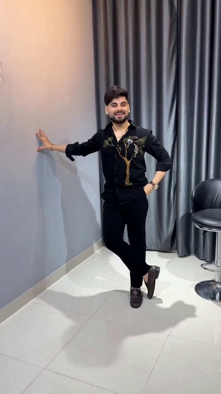 Black Embroidered Tree Design Shirt 🌳✨ with Classic Black Pants 🖤 and Brown Shoes 👞