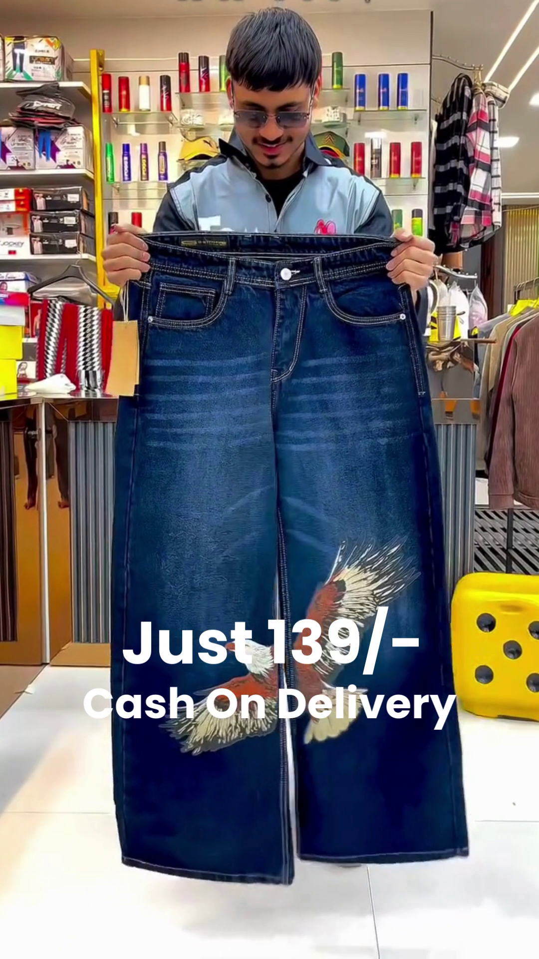 Wide-Leg Blue Jeans 👖💙 with Bold Eagle Graphic 🦅✨ and Flying Bird Motifs 🕊️