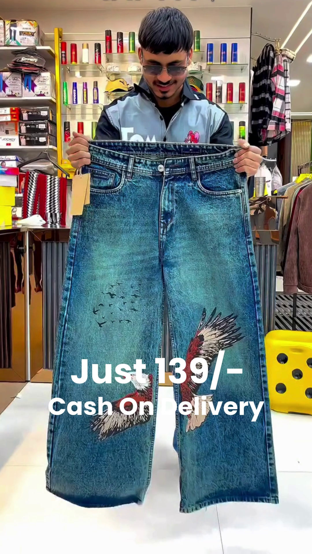 Wide-Leg Blue Jeans 👖💙 with Bold Eagle Graphic 🦅✨ and Flying Bird Motifs 🕊️