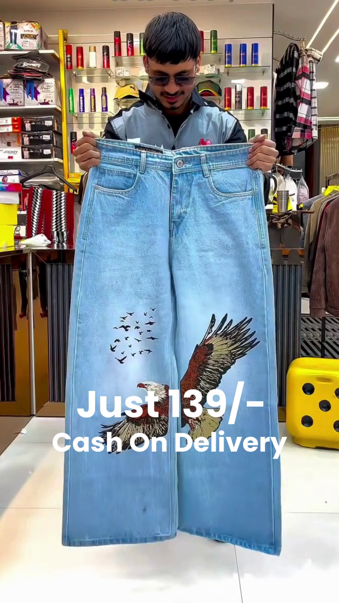 Wide-Leg Blue Jeans 👖💙 with Bold Eagle Graphic 🦅✨ and Flying Bird Motifs 🕊️