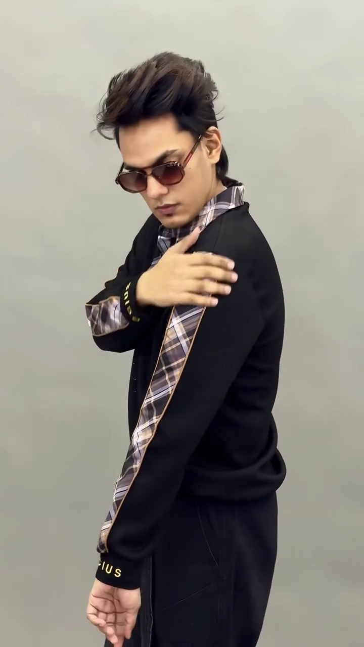 Black & Brown Collared Shirt 🖤🤎 with Patterned Shoulder Strip ✨ and Casual Black Pants 👖 with Drawstrings 🎀