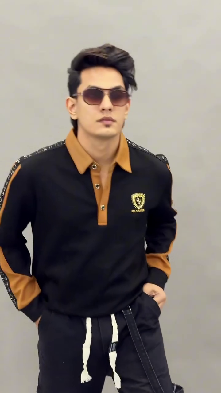 Black & Brown Collared Shirt 🖤🤎 with Patterned Shoulder Strip ✨ and Casual Black Pants 👖 with Drawstrings 🎀