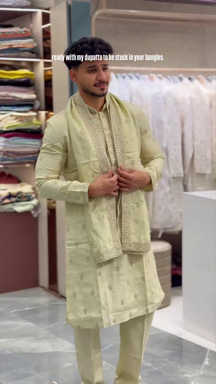 Light Blue Embroidered Kurta 💙✨ with Matching Trousers 👖 and Dupatta 🌸 featuring Gold Detailing 💛