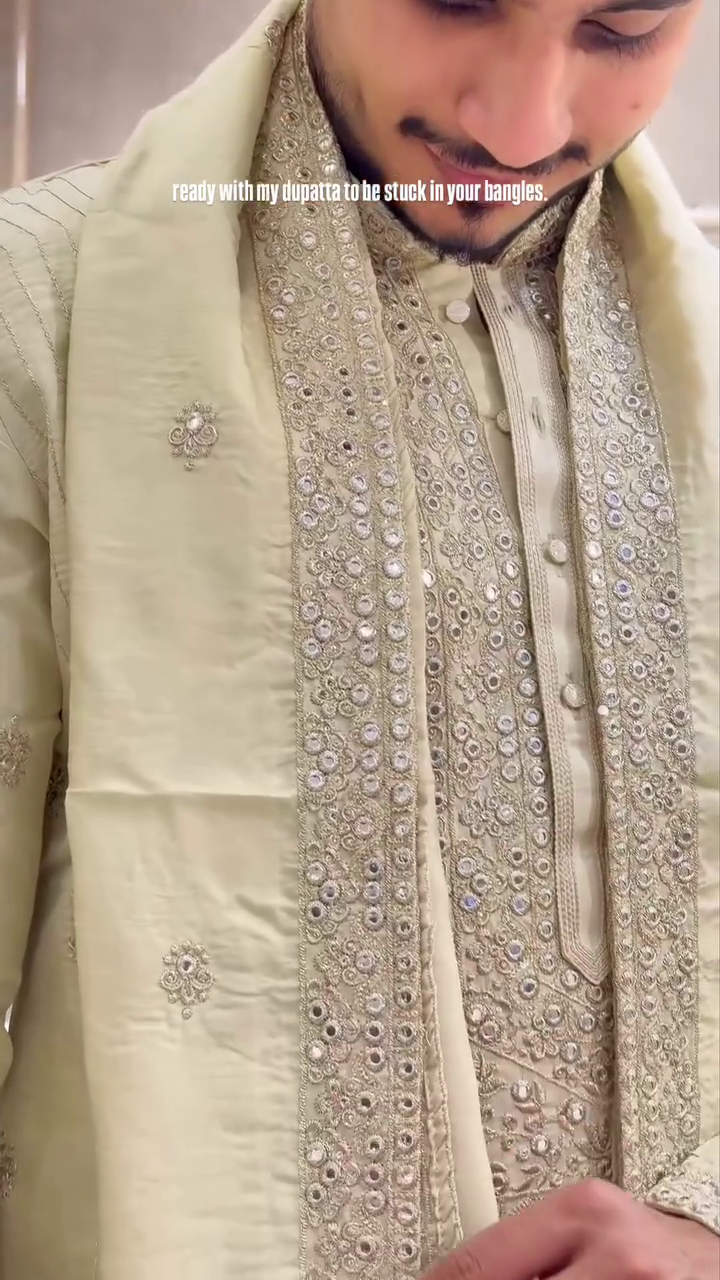 Light Blue Embroidered Kurta 💙✨ with Matching Trousers 👖 and Dupatta 🌸 featuring Gold Detailing 💛