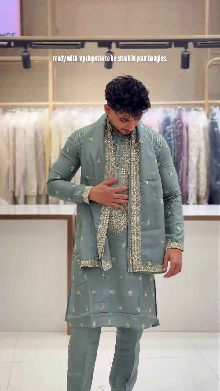 Light Blue Embroidered Kurta 💙✨ with Matching Trousers 👖 and Dupatta 🌸 featuring Gold Detailing 💛